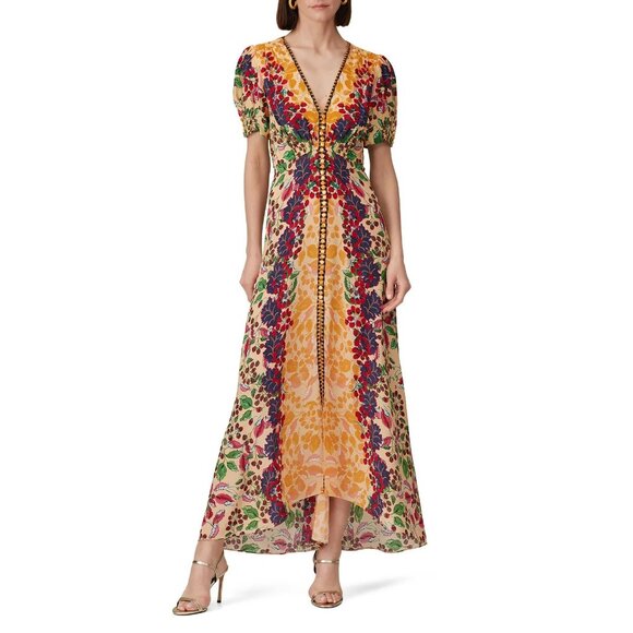 Saloni 100% Silk Lea Boho Chic Hourglass Resort Vacation Maxi Formal Dress 6 - Picture 1 of 14